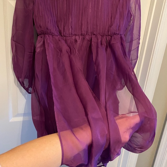 Chiffon Baby Doll Bubble Hem Mini Dress 3/4 Puff Sleeve in Purple NWT MED - Picture 10 of 16